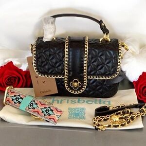 Chrisbella NWT Black Quilted Leather Handbag Crossbody With Gold Accents